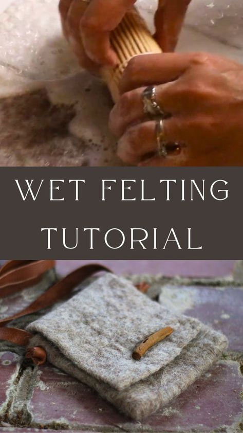 Wet felting with wool is a beginner-friendly fiber art project that yields exciting, functional results! Watch or read step by step as I make this rustic wool felt bag. Wet felting is the process of creating felt using wool, water, soap, and friction. Felt is one of the world’s oldest known textiles. It requires no tools to make, besides the hands. It’s such a simple craft, but can be executed in an infinite number of ways. Felting Crochet Projects, Wet Felt Bag, Wet Wool Felting Projects, How To Felt Wool Tutorials, Felted Wool Crafts Tutorials, Wet Felting Projects Tutorials, Wet Felted Bag, Wool Felting Ideas, Felt Bag Pattern