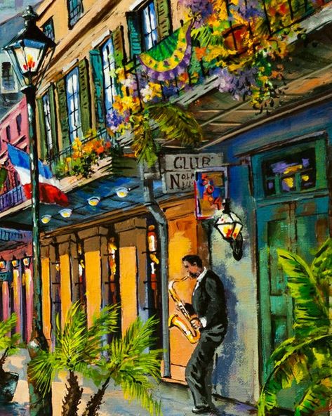 Exchange Alley, Jazz Sax, Impressionist Street Scene, New Orleans French Quarter, Balconies, Galleri French Quarter Art, Jazz Painting, New Orleans Architecture, New Orleans Art, Louisiana Art, New Orleans French Quarter, Drop Ceiling, Jazz Art, La Art