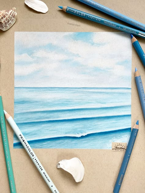 Calming ocean drawing created with Prismacolor pencils on Strathmore toned tan paper. Beach Drawing Pencil Colour, Sea Drawing Colored Pencil, Ocean Color Pencil Drawing, Beach Colored Pencil Drawing, Ocean Drawing Pencil, Sea Drawing Pencil, Sea Pencil Drawing, Color Pencil Art Drawings, Doodle Stitch