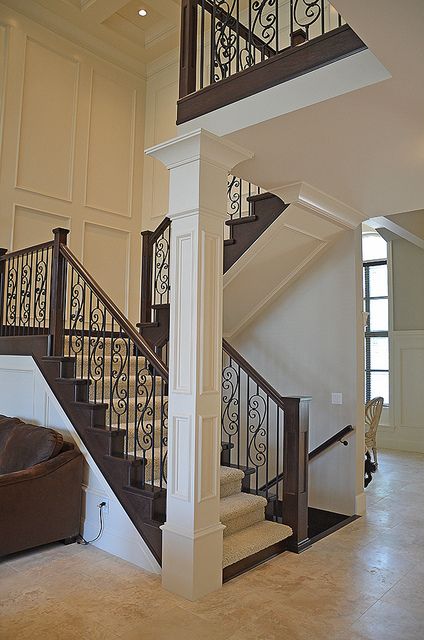 Staircase newel posts in open concept staircase. by nucasa, via Flickr 2 Story Open Staircase, Open Concept With Stairs In Middle, Craftsman Stairs, Kitchen Columns, Stair Railing Makeover, Stair Posts, Luxury Staircase, Stair Banister, Attic Bedroom Designs