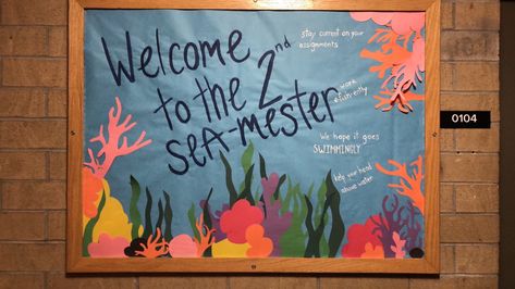 Sea Bulletin Board Ideas, Welcome Back Board, Ocean Bulletin Board Ideas, Welcome Back Boards, Fish Bulletin Boards, Sea Bulletin Board, Leadership Poster, Hall Themes, Residence Life Bulletin Boards