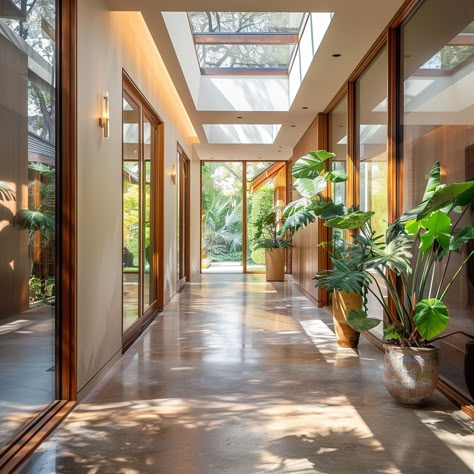 A mid-century modern hallway flooded with natural light from skylights or large windows, emphasizing the connection with nature and creating a soft, inviting atmosphere2 Mid Century Modern Hallway, Mid Century Hallway, Modern Hallway Design, Hall Architecture, Saturday Inspiration, Remodeled Homes, Mcm House, Hallway Designs, Modern Hallway