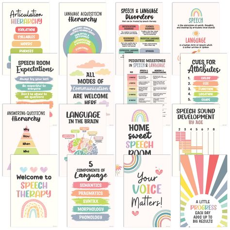 PRICES MAY VARY. LANGUAGE DEVELOPMENT - Educate students with 16 colorful speech therapy poster featuring various components of speech & language. It can help kids improve their overall language abilities, including speaking, listening, reading, & writing. PROVIDE PRACTICAL TOOLS - Assist kids in developing a thorough understanding of effectively communicating with these articulation cards for speech therapy. Designed with expertise, these slp decor showcase helpful diagrams to aid in kids' lear Functional Speech Room Decor, Speech Therapy Decorations For Classroom, Speech Therapy Office Decor, Slp Posters, Therapy Bulletin Board, Speech Therapy Office, Speech Classroom Decor, Speech Therapy Room Decor, Speech Room Decor