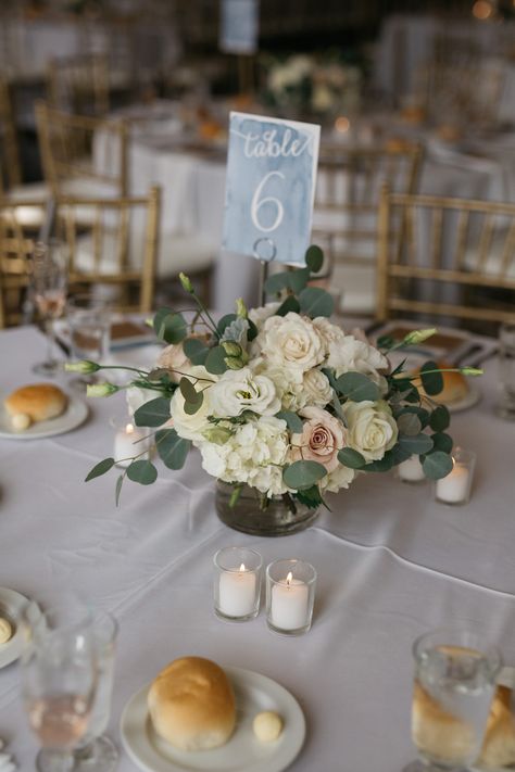 Simple Roses Centerpieces, Hydrangea With Eucalyptus Centerpiece, Wedding Reception Tables Centerpieces Hydrangeas, Green Wedding Centerpieces Round Table, Low Centerpieces Wedding Round Table, Peonies Centerpiece Wedding, White Carnation Centerpieces, Circular Wedding Table, Hydrangea Table Centerpiece