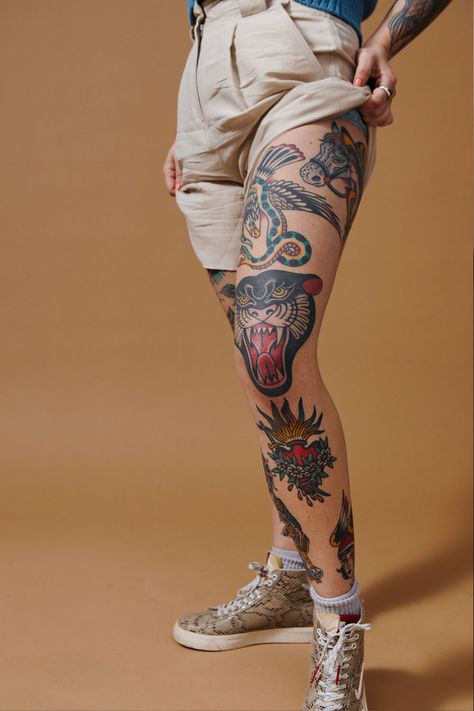 Books Leg Tattoo, Leg Sleeve Traditional Tattoo, Old School Hip Tattoo, Traditional Legs Tattoo, Old School Leg Sleeve, Leg Traditional Tattoo, Thigh Tattoo Traditional, Trad Knee Tattoo, Old School Knee Tattoo