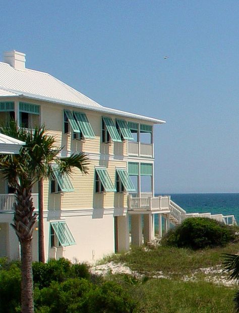 Beach House Exterior Seaside, Turquoise Shutters, Yellow Beach House, Beach Exterior, Exterior Beach House, Ocean Views Beach, Beach House Colors, California Beach House, Small Beach Houses