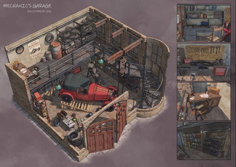 ArtStation - Game Project - Mechanic Garage Cyberpunk House, Interior Concept Art, Interrior Design, Garage Design Interior, Mechanical Workshop, Mechanical Room, Labs Art, Spaceship Interior, Building Sketch