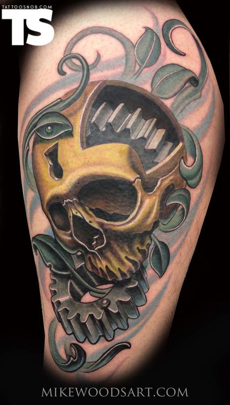 gears Mechanical Skull, Gear Tattoo, Harley Tattoos, Mechanic Tattoo, Flame Tattoos, Fire Tattoo, Irezumi Tattoos, New School Tattoo, Badass Tattoos