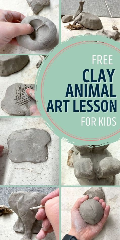 collage of clay animal images with text overlay free clay animal art lesson for kids. Ceramic Clay Projects, Clay Lesson Plans, Clay Elephant, Clay Pinch Pots, Clay Projects For Kids, Easy Clay Sculptures, Clay Lesson, Sculpture Lessons, Pottery Lessons