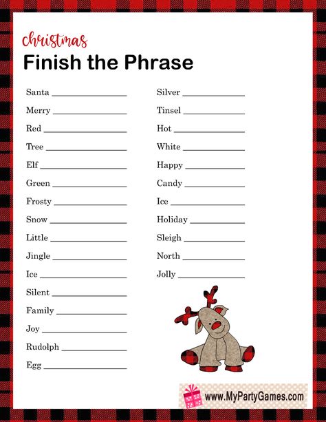 Christmas Games Paper Free Printable, Christmas Finish My Phrase Free Printable, Christmas Finish My Phrase Game, Think Fast Christmas Game Free Printable, Fun Christmas Games For Family Free Printable, Christmas Word Games For Adults, Finish My Phrase Christmas, Finish The Phrase Game, Price Is Right Christmas Game