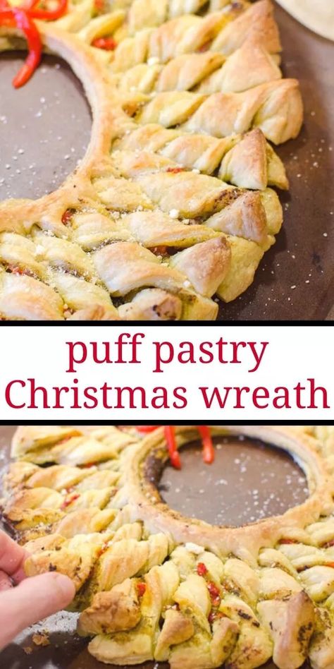 This puff pastry pesto wreath is the perfect easy appetizer for your Christmas party. This delicious puff pastry Christmas wreath looks fancy, but it's quick and takes only 10 minutes to put together. Puff Pastry Wreath, Puff Pastry Appetizers Easy, Pastry Wreath, Puff Pastry Ideas, Puff Pastry Christmas, Pastry Christmas, Winter Appetizers, Savory Puff Pastry, Pastry Ideas