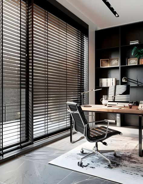 Black venetian blinds for a sophisticated home office. Black Venetian Blinds, Roll Blinds, Commercial Blinds, Masculine Home Office, Office Curtains, Office Blinds, White Blinds, Modern Blinds, Zebra Blinds