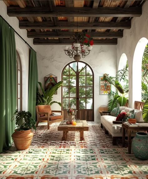 Industrial Cottage Style Living Room, Mexico City Interior Design, Mexican Posada, Cuban House, Tiled Courtyard, Hacienda Style Living Room, Mexican House Exterior, Hacienda Living Room, Spanish Colonial Style Homes