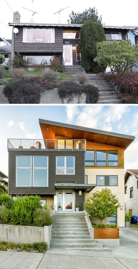 House Renovation Ideas - 17 Inspirational Before & After Projects // This split-level Seattle home was completely transformed with sleek metal siding, a wood extension, and a rooftop patio. Exterior Remodel Before And After, House Renovation Ideas, Wood Extension, Exterior House Renovation, Architecture Renovation, House Before And After, Addition Ideas, Seattle Homes, Home Exterior Makeover