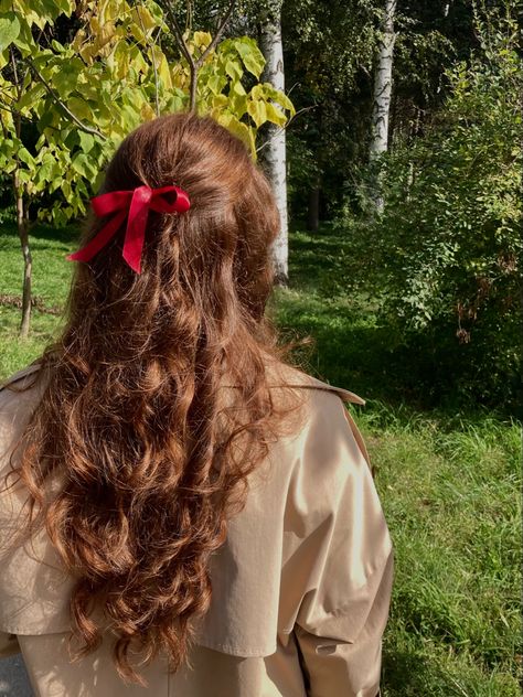 Ribbon Hairstyle Prom, Red Ribbon Hair Aesthetic, Red Hair Accessories Aesthetic, Autumn Hair Aesthetic, Ribbon Half Up Half Down, Hairstyles With Red Ribbon, Half Up Half Down Ginger Hair, Ribbon In Curly Hair, Red Ribbon Outfit