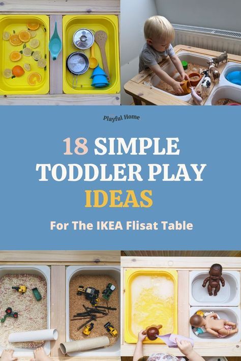 The Flisat table is a popular choice of parents of toddlers and preschoolers. Here's 18 of This Playful Home's top picks for simple and fun ideas that will keep your children engaged. Ikea Table Play Ideas, Flisat Table Birthday, Ikea Sensory Bin Table Ideas, Ikea Table Activities, Flisat Art Table Hack, Easy Flisat Table Activities, Ikea Flisat Table Ideas Toddler, Flisat Table Activities 12 Month Old, Ikea Flisat Sensory Table Ideas