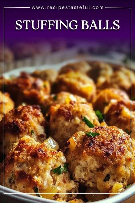 These delicious stuffing balls are a perfect side dish for any holiday meal or gathering. Made with savory ingredients and baked to a golden brown, they're easy to prepare and sure to be a hit with family and friends. Stuffing Balls With Sausage, Ground Turkey Stuffing Balls, Easy Stuffing Balls, Stuffing Ball Recipe, Stuffing Balls Recipe Stove Top, Stuffing Balls Recipe Easy, Leftover Stuffing Balls, Meatballs With Stuffing, Dressing Balls Recipe