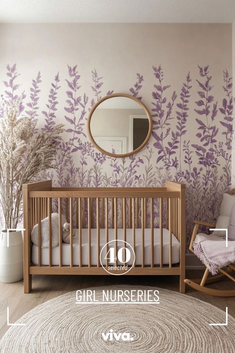 ♥️ Are you preparing a lovely nursery for your baby girl but need some inspiration? Explore this charming girl nursery with delightful wallpaper and soft pastel colors. Get ideas for girl nursery themes, decor, and wall accents to create a dreamy space for your little one. 🌸👶 #BabyGirlNursery #GirlNurseryDecor #NurseryRoomInspiration Cream And Purple Nursery, Purple And Gold Nursery, Soft Purple Nursery, Purple Moon Nursery, Sage Green And Purple Nursery, Pastel Girl Nursery, Baby Girl Nursery Purple And Grey, Purple Themed Nursery, Girl Nursery Themes Purple