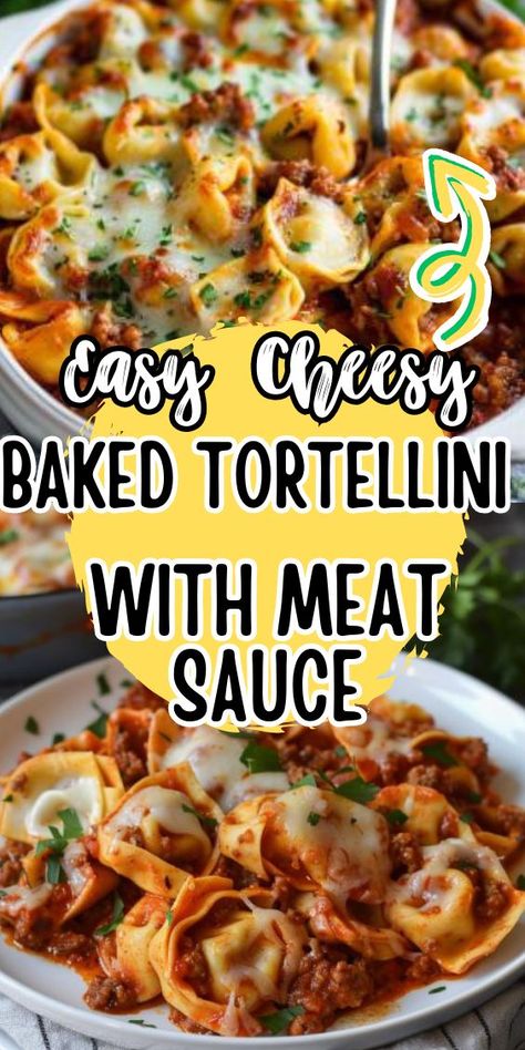 Easy Cheesy Baked Tortellini with Meat Sauce – a hearty and satisfying dish that's perfect for cozy family dinners or casual gatherings with friends. Picture tender cheese-filled tortellini enveloped in a savory meat sauce, topped with a generous layer of melted cheese and baked to Easy Cheesy Baked Tortellini, Tortellini With Meat Sauce, Baked Tortellini Recipes, Cheesy Baked Tortellini, Easy Tortellini Recipes, Baked Tortellini Casserole, Cheese Tortellini Recipes, Baked Tortellini, Tortellini Bake