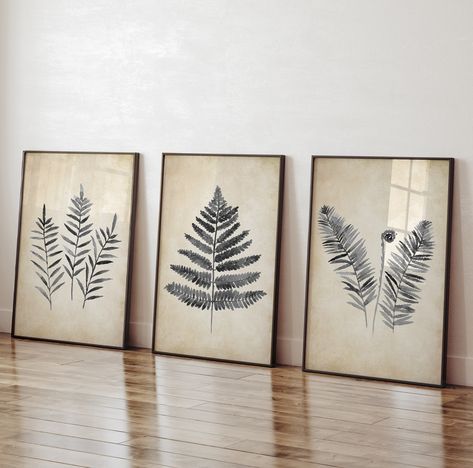 Set Of 3 Art, Rustic Modern Wall Art, Black And White Botanical Art, Bathroom Decor Paintings & Prints, Bathroom Pictures Wall Art Ideas, Fern Artwork, Art Above Sofa, Leaves Wall Decor, Abstract Wall Art Living Room