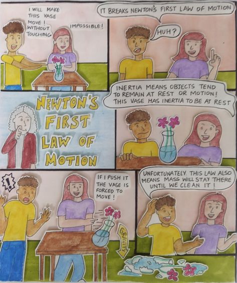 Law Of Inertia Drawing, Newton First Law Of Motion, Newtons Laws Of Motion Poster, Physics Comics, Newton Laws Of Motion Projects, Science Class Decorations, Animal Cell Drawing, Mindmap Ideas, Newtons First Law