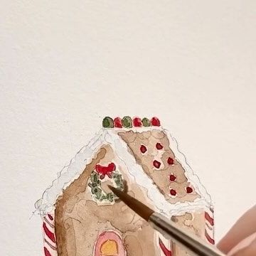 Emily Lex on Instagram: "Painting a gingerbread house. This cutie is featured on the cover of the Christmas watercolor workbook and you can paint along with me inside the book! (p.s. for the white, I used white gauche - you could also use a white gel pen). #elstudio #watercolor #watercolorwednesday #gingerbreadhouse" Gingerbread House Watercolor Painting, Watercolour Gingerbread House, Christmas House Watercolor, Watercolor Gingerbread Man, Easy Christmas Watercolor Paintings, Gingerbread House Watercolor, Watercolor Gingerbread House, Hand Painted Christmas Cards Watercolors, Gingerbread House Painting