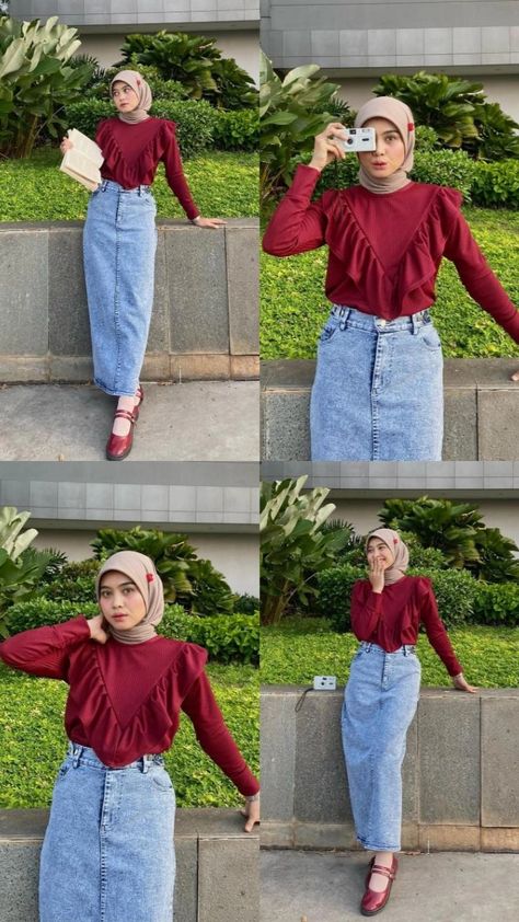 Rok Jeans Ootd, Rok Jeans Hijab Ootd, Ootd Rok Jeans Hijab, Ootd Rok Jeans, Ootd Hijab Casual Jeans, Ootd Hijab Casual Outfit Ideas, Outfit Hijab Casual Rok, Hijab Blouse, Jeans Hijab