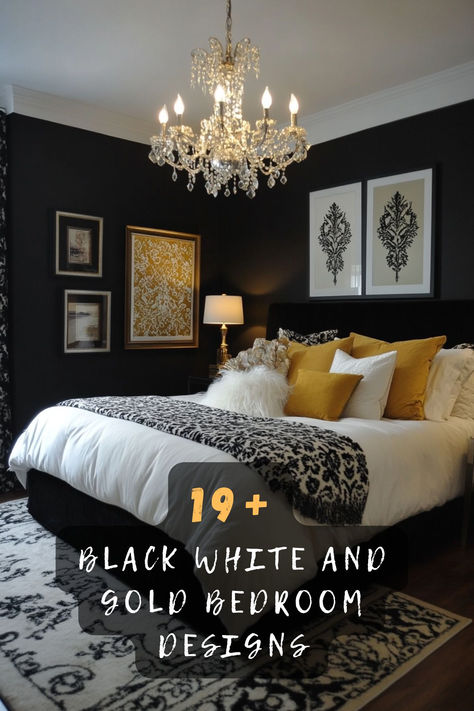 ✨ Create Your Ultimate Luxury Retreat! These 19 Stunning Black, White And Gold Bedroom Combinations Will Help You Design A Space That Looks Straight Out Of A 5-Star Hotel! Click For More Glamour 👑 #LuxuryBedroom #GoldAccents #BedroomDecor #InteriorDesign #ModernBedroom #GlamDecor #BlackAndGold Black And White Bedroom Ideas Luxury, White And Gold Bedroom, Black White And Gold Bedroom, Charcoal Bed, Black Walls Bedroom, Bedroom Ideas Luxury, Mid Century Modern Bedroom, Black White And Gold, Gold Bedroom