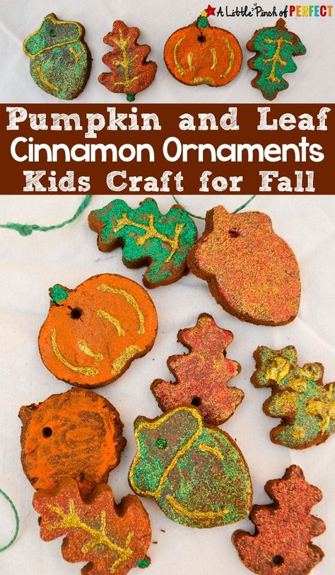 Kids can make pretty pumpkin and leaf cinnamon ornaments that fill your home or classroom with the warm fragrant smells of autumn. (Kids craft, Fall) Craft Dough Recipe, Crafts Winter, Cinnamon Ornaments, Homemade Instruments, Fall Arts And Crafts, Footprint Crafts, Pretty Pumpkins, Autumn Activities For Kids, Craft Kids