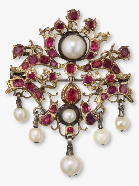 A Rococo period ruby and natural pearl brooch, Germany, mid-18th century. 1770s Fashion, Historical Accessories, Anna Karenina, Pearl Brooch, Natural Pearl, Red Dots, Antique Jewellery, Vintage Jewellery, Natural Pearls