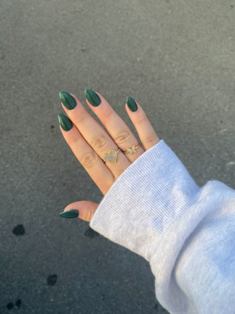 fall nail inspo, green, green nails, almond nails, preppy nails, aesthetic nail inspo Short Green Almond Acrylic Nails, Sage Green Almond Shaped Nails, Mail Inspo Almond Simple, Green Hoco Nails Short, March Nail Inspo Almond, Green Nails Asthetics, Deep Green Almond Nails, Cute Short Almond Acrylic Nails Simple, Dip Nails No Tips