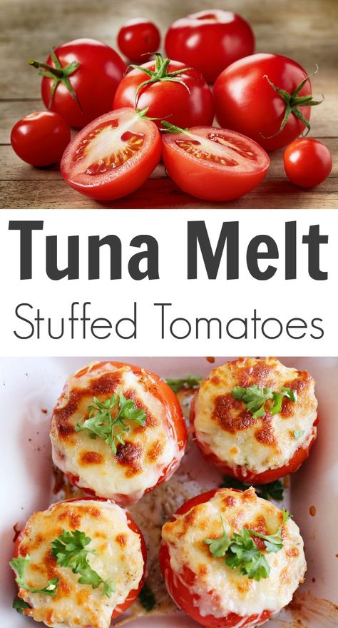 Tuna Melt Stuffed Tomatoes Stuffed Tomatoes, Tuna Melt, Tuna Melts, Tuna Recipes, Think Food, Favorite Comfort Food, Idee Pasto Sano, Tomato Recipes, Lunch Recipes