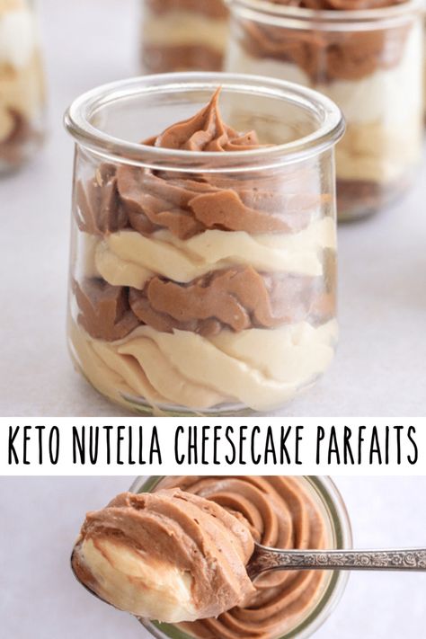 This layered Low Carb Nutella Cheesecake Parfait is the ultimate sweet treat you have been needing. Every luscious bite is filled with a chocolate hazelnut cheesecake layer and a white chocolate hazelnut cheesecake. This easy keto dessert is low carb, grain-free, and gluten-free too. Keto Hazelnut Recipes, Keto Parfait, Keto Nutella, Sugar Free Nutella, Cheesecake Parfaits, Nutella Cheesecake, Postre Keto, Keto Dessert Easy, Best Low Carb Recipes