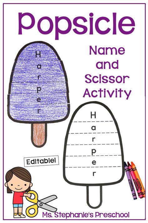 Summer Name and Scissor Activity - Popsicle Preschool Scissors Activities, Preschool Popsicle, Lesson For Preschoolers, Vpk Activities, Preschool Name Activities, Scissor Activities, Name Activities Preschool, Preposition Activities, Name Activity