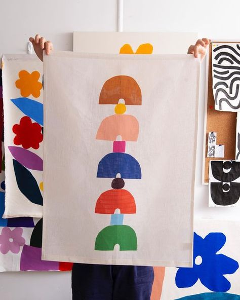 Claire Ritchie on Instagram: "Rise ✳︎ A bunch of these Linen Wall Hangings featuring ‘Rise’ artwork are available now. All sewn up and ready to ship! We all fall and Rise, again and again. Claire x 📷 @natmccomas" Office Details, Space Bedroom, Kids' Book, Pattern Paper, Wall Hangings, Print Making, Block Print, Original Design, Art Inspiration