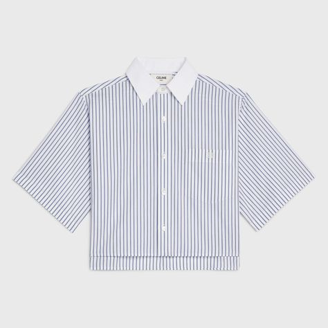 CROPPED SHIRT IN STRIPED COTTON - White / Navy | CELINE Celine Clothes, Handbags Leather, Cropped Shirt, Boutique Online, Airport Style, Saint Tropez, Crop Shirt, Embroidered Shirt, Leather Goods