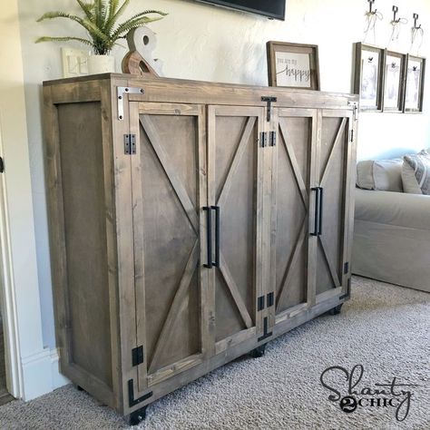 Hey friends!  Today I’m sharing a piece I designed and built to go in my bedroom.  I built this before my baby made his entrance into the world to house my printers and also some of his stuff I use that I don’t keep in his room.  I designed it to be a bit on… Entrance Farmhouse, Room Sharing, Free Furniture Plans, Farmhouse Storage Cabinets, Wood Furniture Plans, Shanty 2 Chic, Diy Holz, Wood Furniture Diy, Diy Cabinets