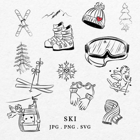 Skiing Doodles Easy, Snowboarder Drawing Simple, Ski Boot Tattoo, Fine Line Ski Tattoo, Ski Line Art, Ski Illustration Drawings, Ski Drawing Simple, Ski Tattoo Simple, Snowboard Doodle