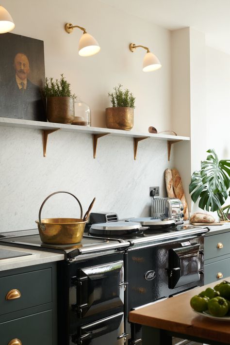 Retro Kitchen Remodel, Green Shaker Kitchen, Classic Shelves, Concrete Tile Floor, Classic Cabinet, Devol Kitchens, Kitchen Refresh, Vinyl Decor, Kitchen Paint Colors