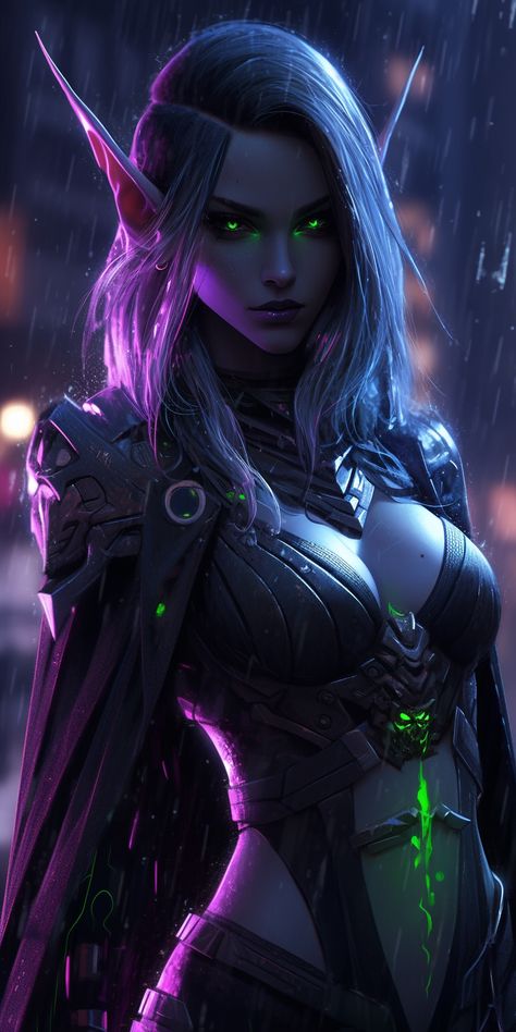 Cyberpunk Elf Female, Sci Fi Elves, Female Elf Art, Dark Elf Woman, Medieval Cyberpunk, Cyberpunk Elf, Dark Elf Female, Space Elf, Fantasy Cyberpunk