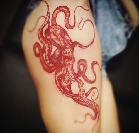 Octopus thigh tattoo Octopus Thigh Tattoos, Tattoo Baby, Tattoos Unique, Red Tattoo, Thigh Tattoos, Red Tattoos, Baby Tattoos, Angel Tattoo, Fine Line Tattoos