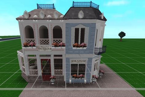 Bloxburg Eiffel Tower, Bloxburg Salon Exterior, Bloxburg Town House Interior, Bloxburg Store Exterior, Alaska Violet Bloxburg House, Bloxburg Cafe Layout 2 Story, Bloxburg Balcony, Roblox Apartment, Bloxburg Diner