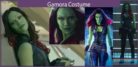 Gamora Costume - A DIY Guide - Cosplay Savvy Gamora Makeup, Gamora Costume, Gamora Guardians, Maroon Eyeshadow, Leather Gauntlet, Green Lipstick, Green Bodysuit, Zoe Saldana, Long Wigs