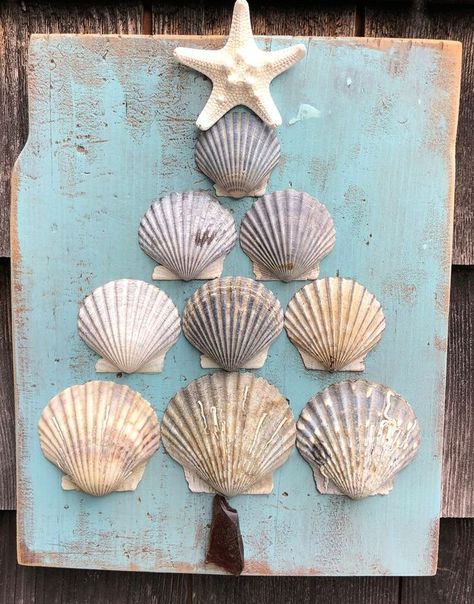 Shell Wall Tree on Wood Plank Wood Plank Wall Decor, Sea Shell Christmas Tree, Christmas Stall Ideas, Sea Shell Christmas, Shell Christmas Tree, Wood Plank Wall, Seashell Art Diy, Beach Christmas Decorations, Beach Themed Crafts