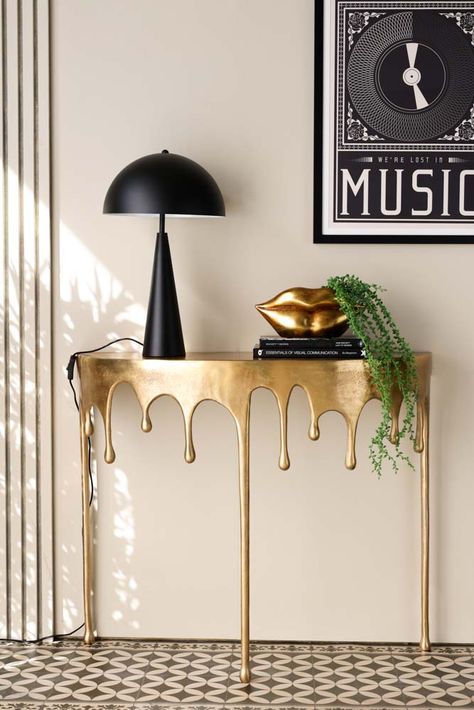 Unique Console Table, Console Table Styling, Gold Drip, Beautiful Table Lamp, Drip Design, Hallway Console, Rockett St George, Console Table Hallway, Modern Console Tables