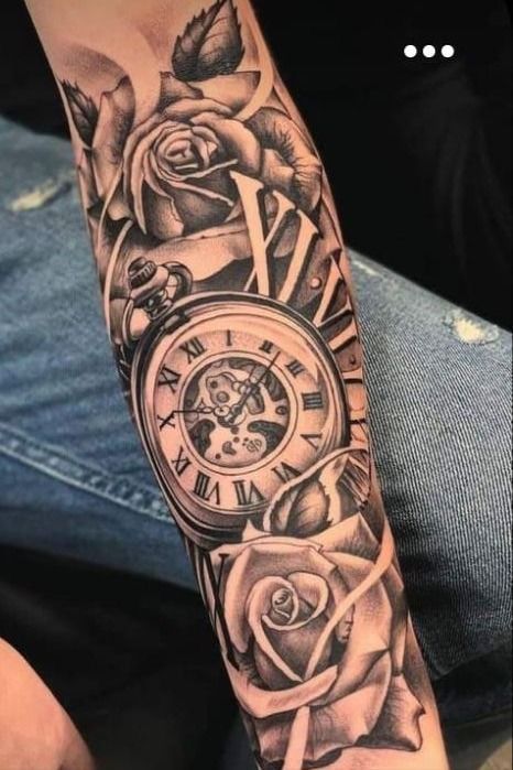 Men’s Forearm Sleeve Tattoo Ideas, Male Forearm Tattoo Ideas Half Sleeves, Half Sleeve Tattoo Designs For Men, Rose And Clock Tattoo For Men, Clock Tattoo Design For Men Forearm, Clock Tattoo Design For Men Arm, Family Tattoos For Men Arm Half Sleeves, Men Clock Tattoo Ideas, Family Sleeve Tattoo For Men