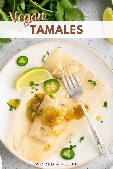 These vegan tamales are a delicious comforting meal wrapped up in corn husks. Unwrapping them reveals a heavenly combination of fluffy corn dough and tender jackfruit shreds. https://www.worldofvegan.com/vegan-tamales/ Red Tamales Recipe, Tamales Authentic Mexican, Red Tamales, Vegetarian Tamales, Making Tamales, Vegan Tamales, Tamales Recipe, Cheap Vegan Meals, Healthy Vegan Dinner Recipes