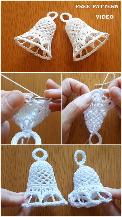 Crochet Easy Bells Christmas Ornament - ilove-crochet Crochet Christmas Ornaments Free, Quick Crochet Projects, Crochet Ornament Patterns, Christmas Crochet Patterns Free, Crochet Snowflake Pattern, Ornaments Homemade, Crochet Xmas, Crocheted Items, Crochet Christmas Decorations