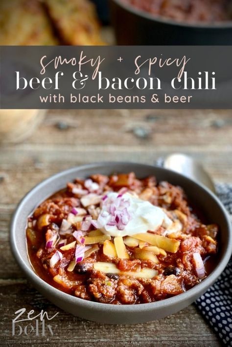 Bacon Chili Recipe, Steak Chili Recipe, Chili With Black Beans, Beer Chili Recipe, Paleo Beef Recipes, Steak Chili, Bacon Chili, Beer Chili, Bean Chili Recipe