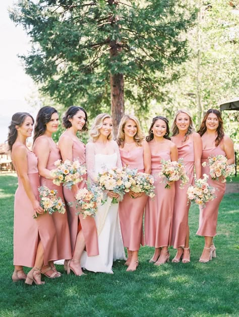 Bride and bridesmaids portrait | Blush slip bridesmaid dress Asian Bridesmaid Dresses, Bridesmaid Colours, Pink Wedding Palette, Slip Bridesmaids Dresses, Lake Tahoe Wedding Venues, Light Pink Bridesmaids, Light Pink Bridesmaid Dresses, Bridesmaids Spring, Pink Ideas